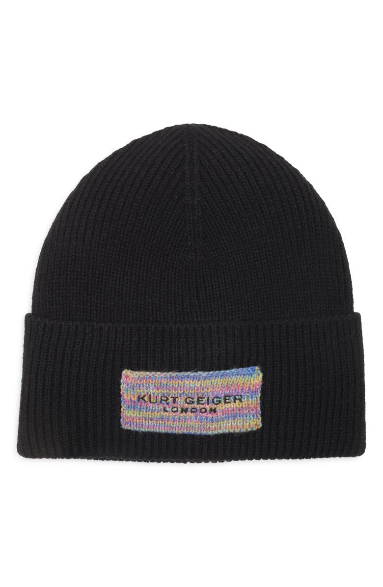 Kurt Geiger London Logo Patch Cuffed Beanie, Main, color, Black