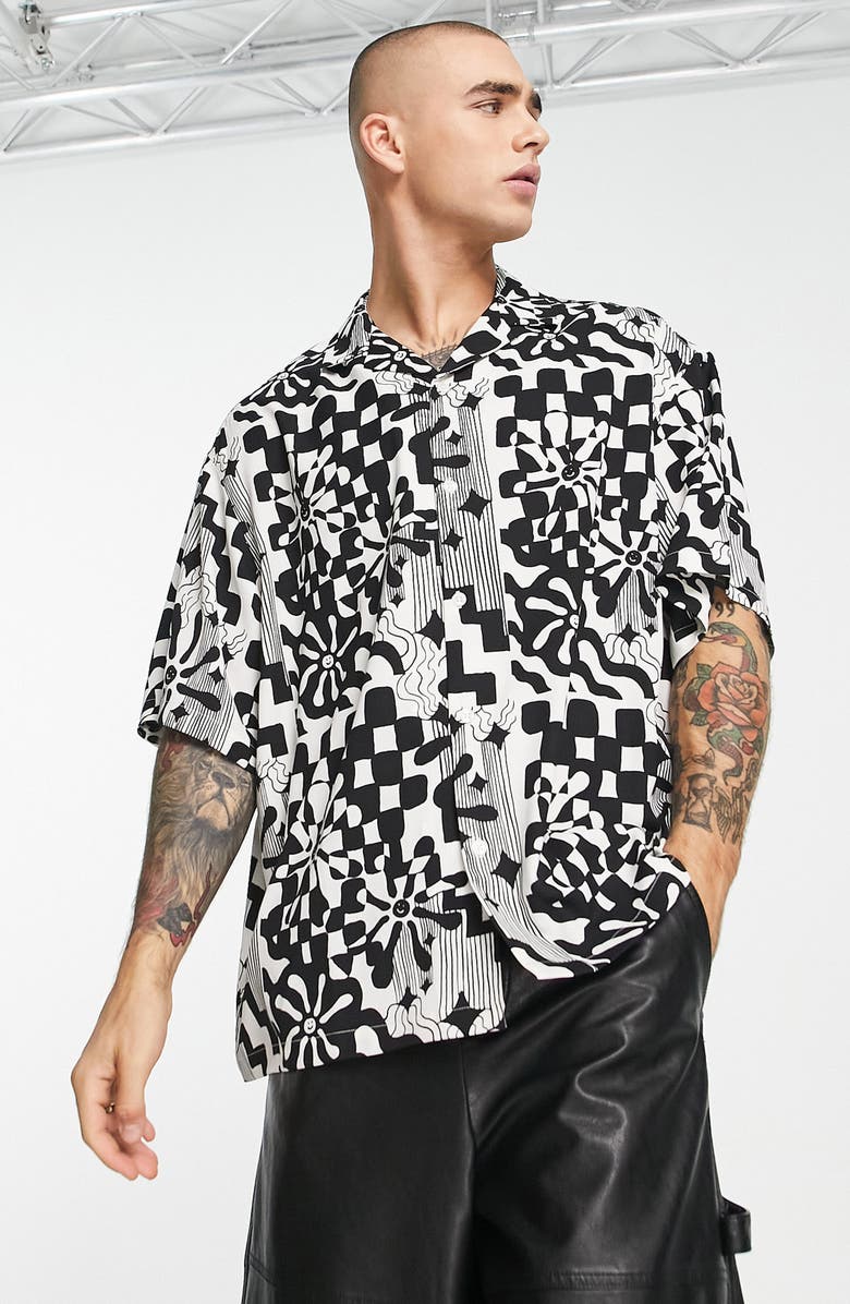 ASOS DESIGN Boxy Floral Short Sleeve Bowling Shirt, Main, color, 