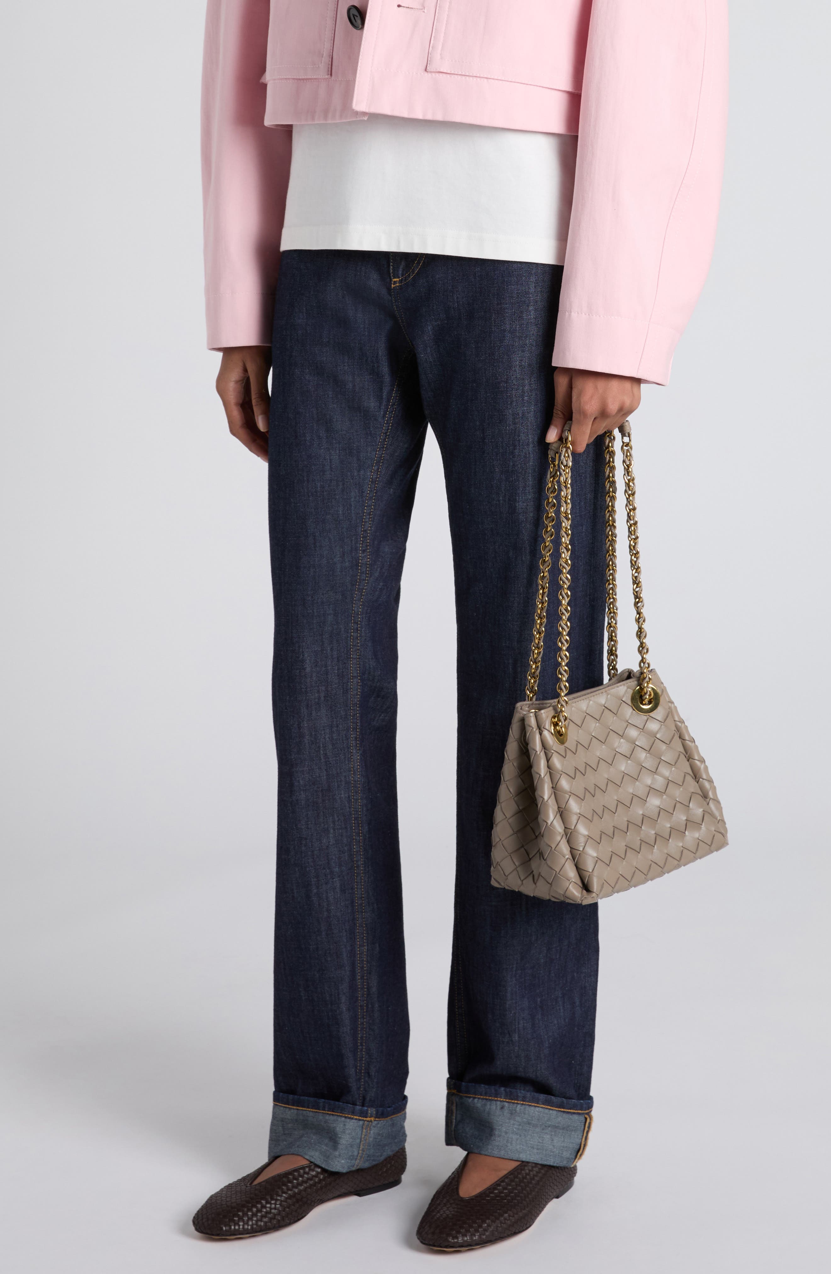 Bottega Veneta Small Parachute Chain Intrecciato Leather Shoulder Bag, Alternate, color, 2819 Limestone-Muse Brass