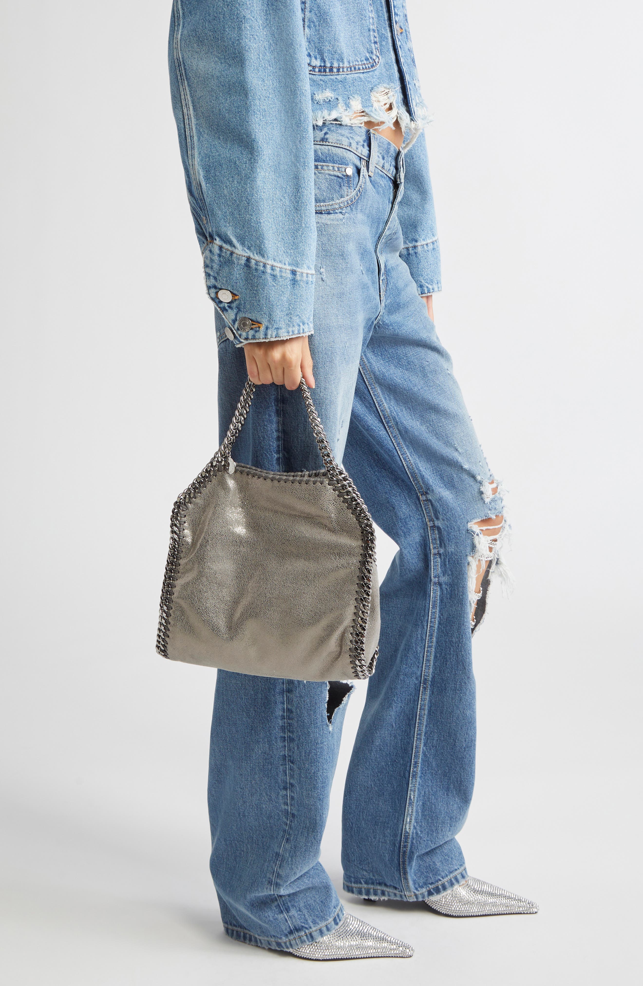 Stella McCartney Mini Falabella Metallic Faux Leather Tote, Alternate, color, Steel Grey