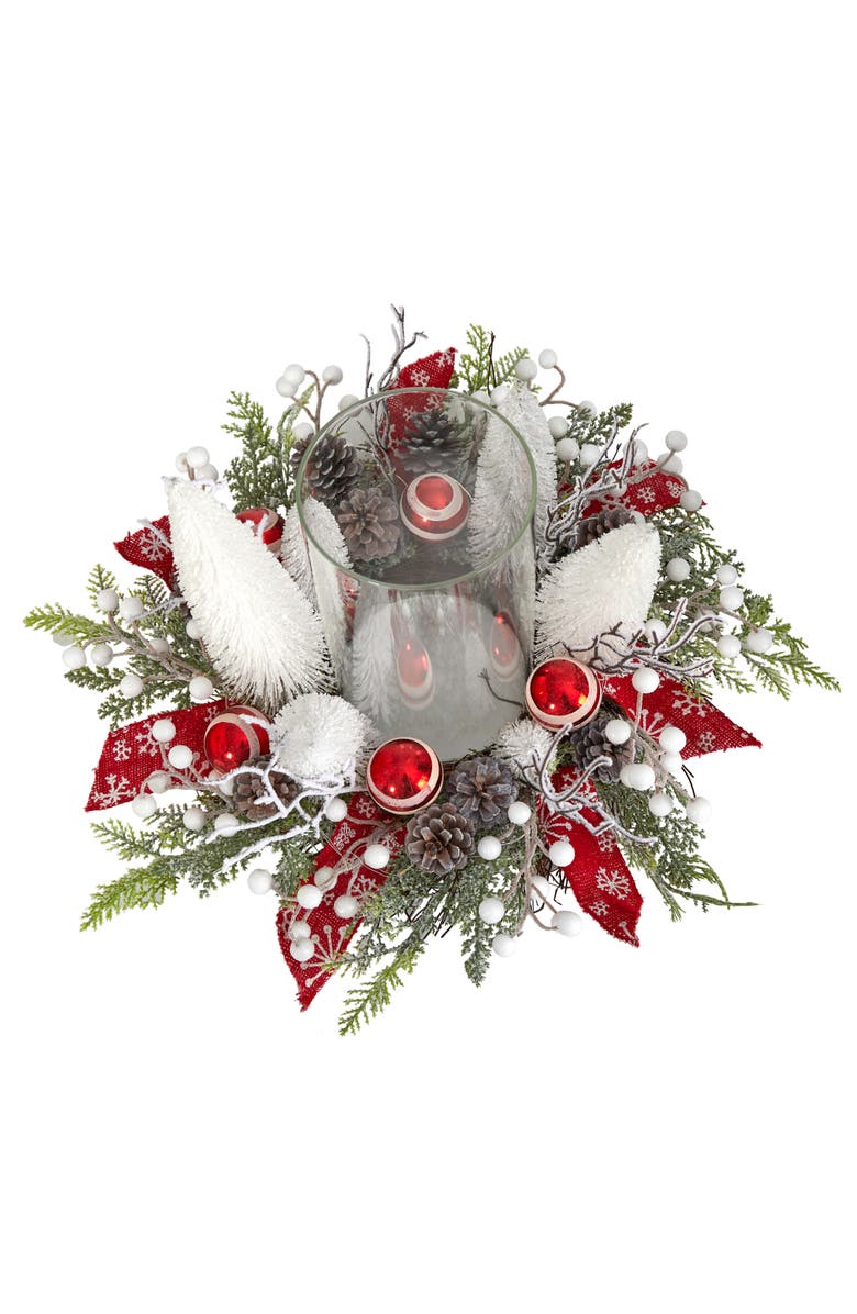 NEARLY NATURAL 15-in Holiday Lighted Forest Candle Holder Table Christmas Artificial Arrangement, Main, color, Red/White/Green