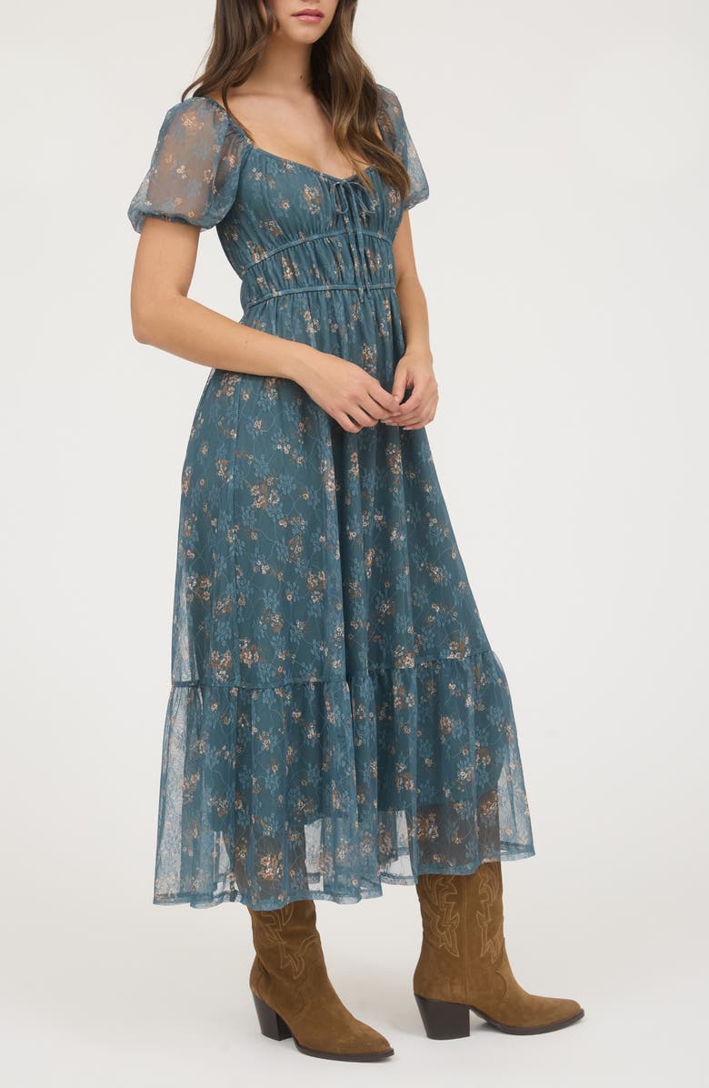 Blu Pepper Puff Sleeve Midi Dress, Alternate, color, Moss Green Multi