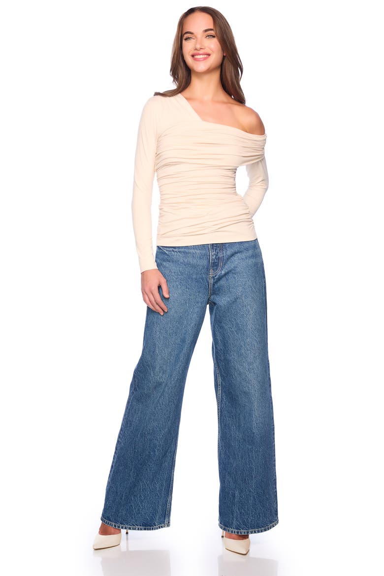 Asymmetric Off the Shoulder Ruched Long Sleeve Top, Alternate, color, BLANCHED ALMOND