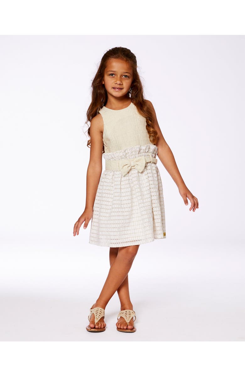 Deux par Deux Girl's Bi-Material Belted Dress Beiges, Alternate, color, Beige
