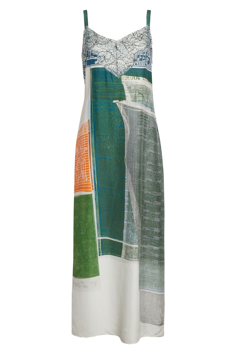 Collage Print Lace Trim Silk Midi Dress, Alternate, color, BLUE GREEN MULTI