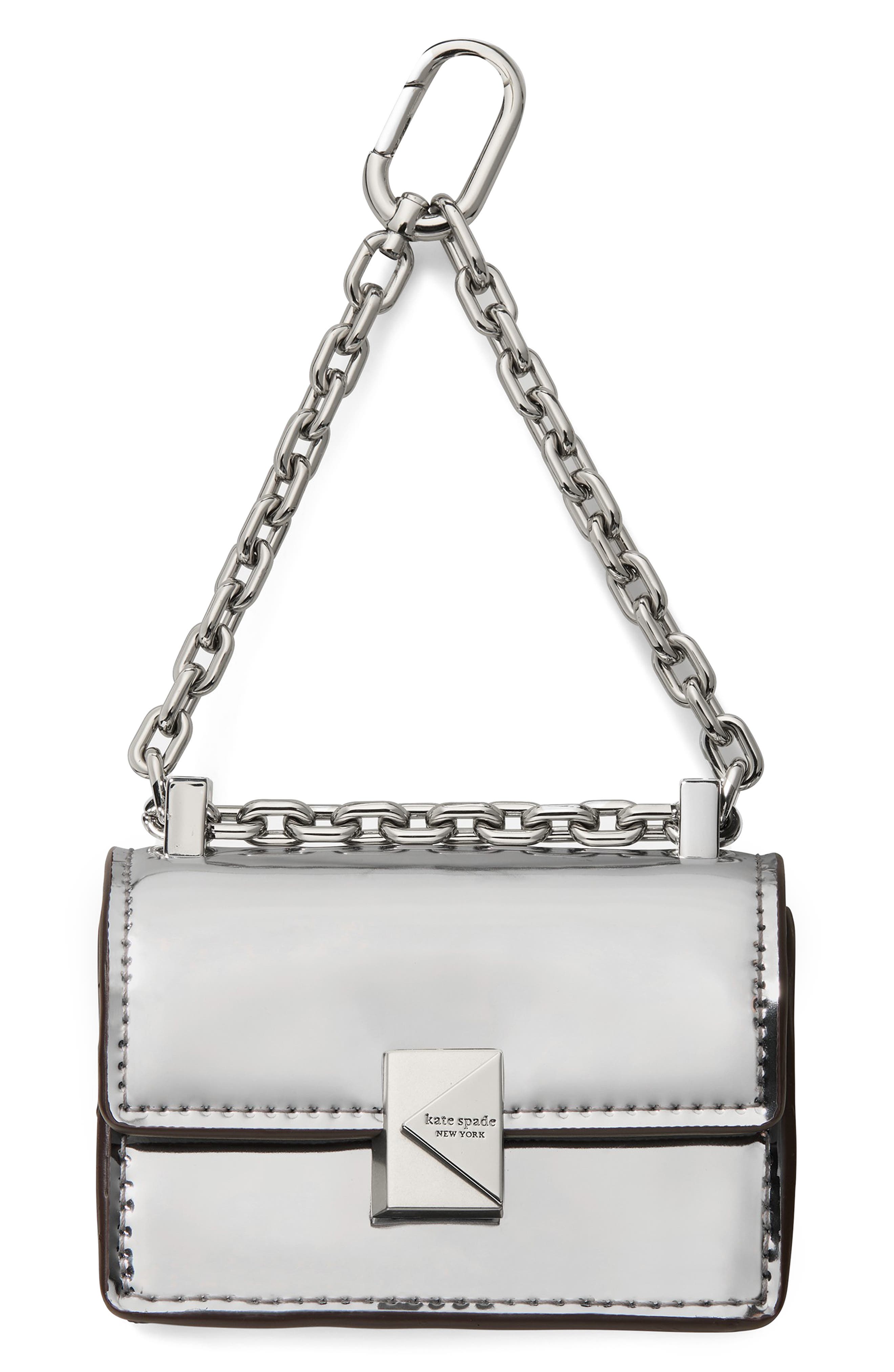 Kate Spade New York charmed mirror metallic leather bag charm, Main, color, Silver