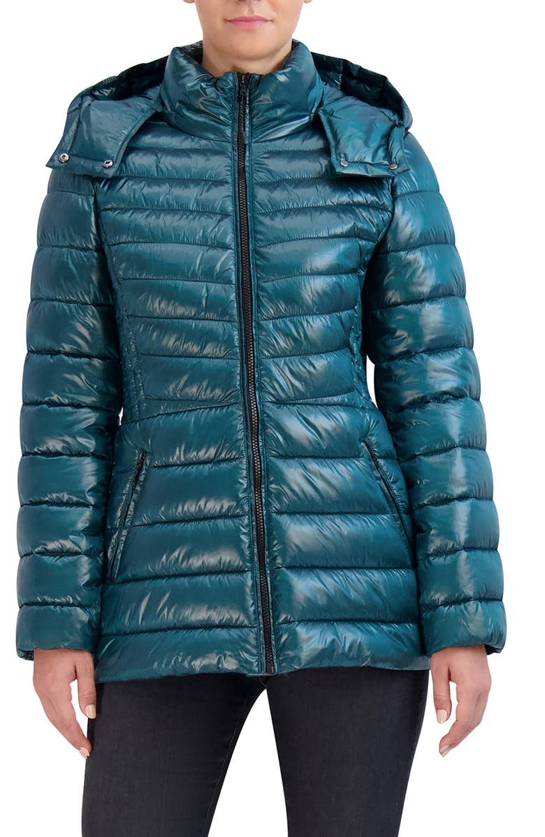 Cole Haan Pearlized Mixed Quilt Hooded Puffer Coat, Main, color, Emerald