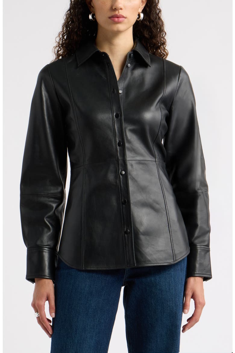 Waisted Leather Shirt, Main, color, BLACK