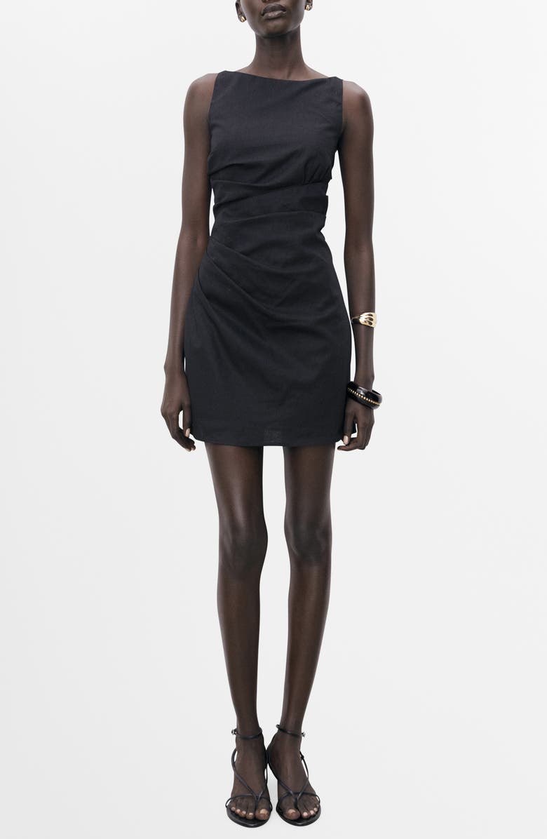MANGO Draped Linen & Cotton Minidress, Main, color, Black
