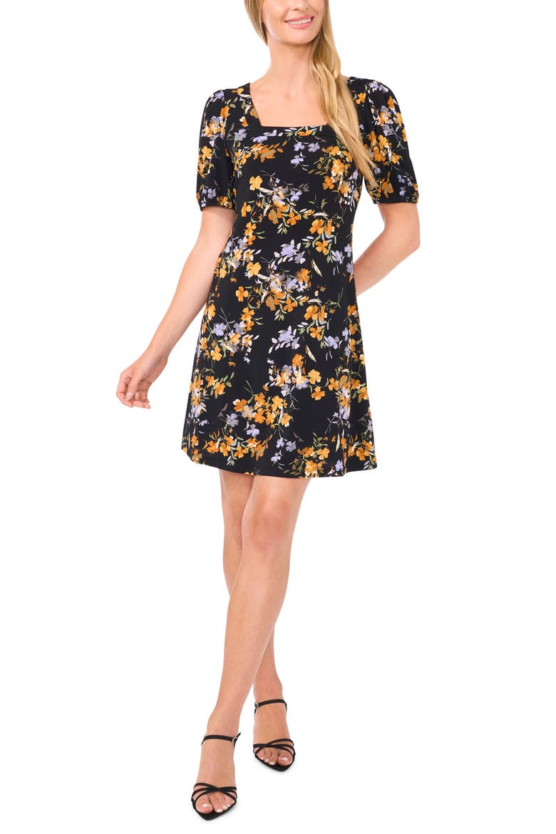 Floral Square Neck Crepe Knit Dress, Main, color, RICH BLACK