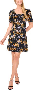 CeCe Floral Square Neck Crepe Knit Dress