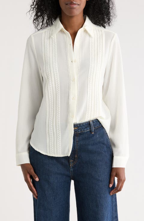 Embroidered Pleated Button-Up Shirt