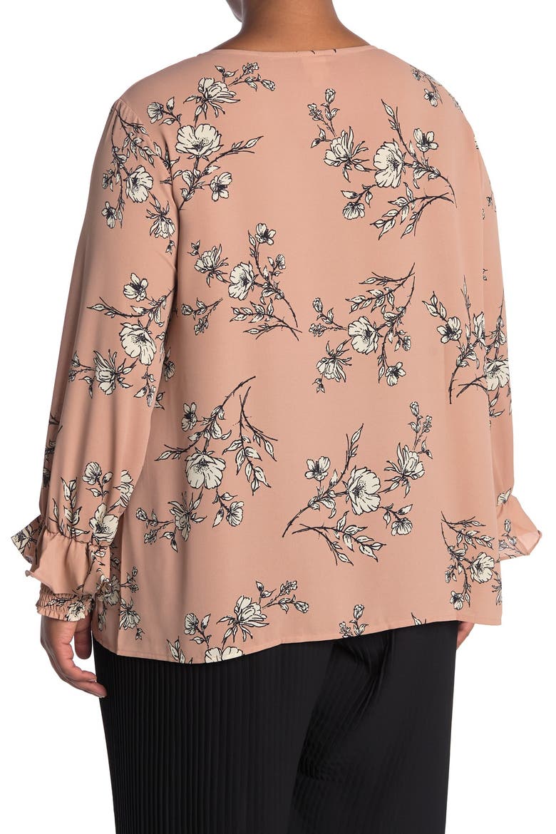 Scoop Neck Smocked Ruffle Cuff Floral Print Top, Alternate, color, SKETCH FLOWER