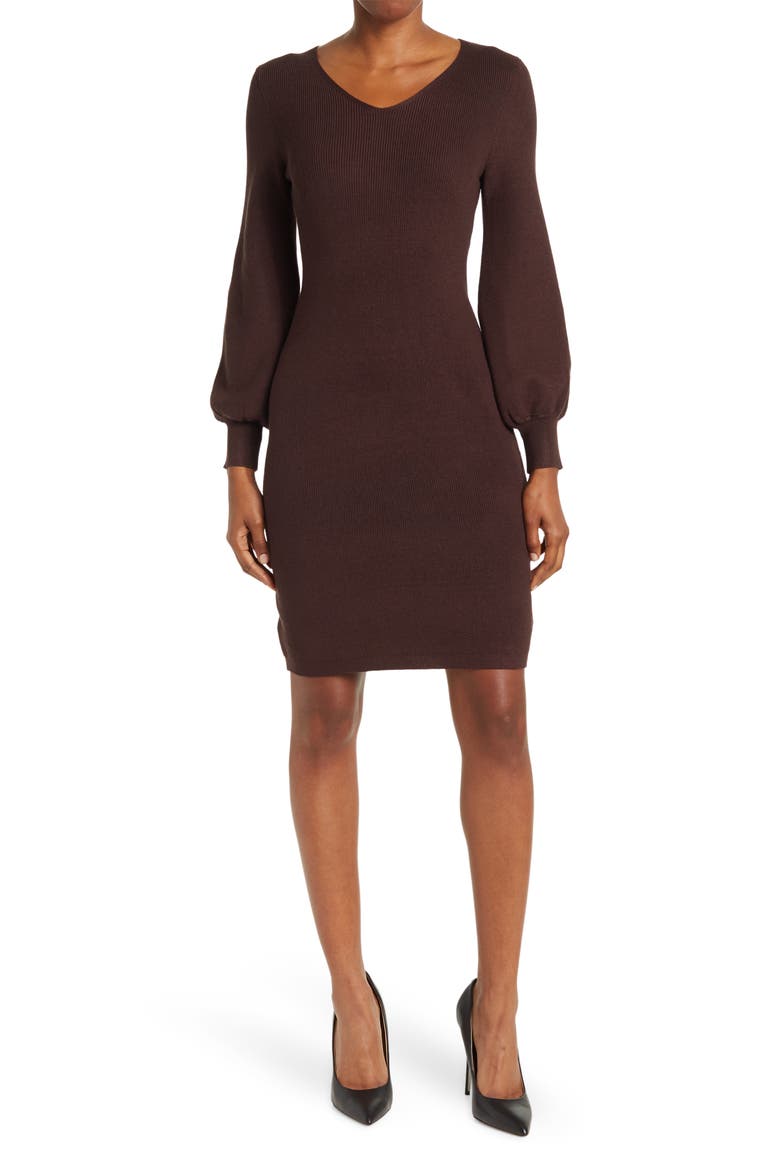 V-Neck Balloon Sleeve Sweater Dress, Main, color, CHOCOLATE