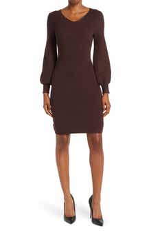 V-Neck Balloon Sleeve Sweater Dress