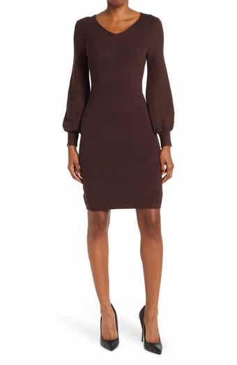V-Neck Balloon Sleeve Sweater Dress