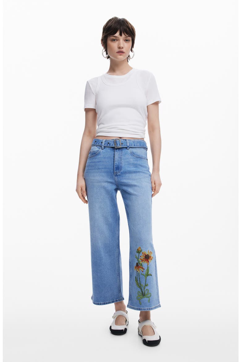 Floral Embroidered Belted Crop Wide Leg Jeans, Alternate, color, MEDIUM BLUE
