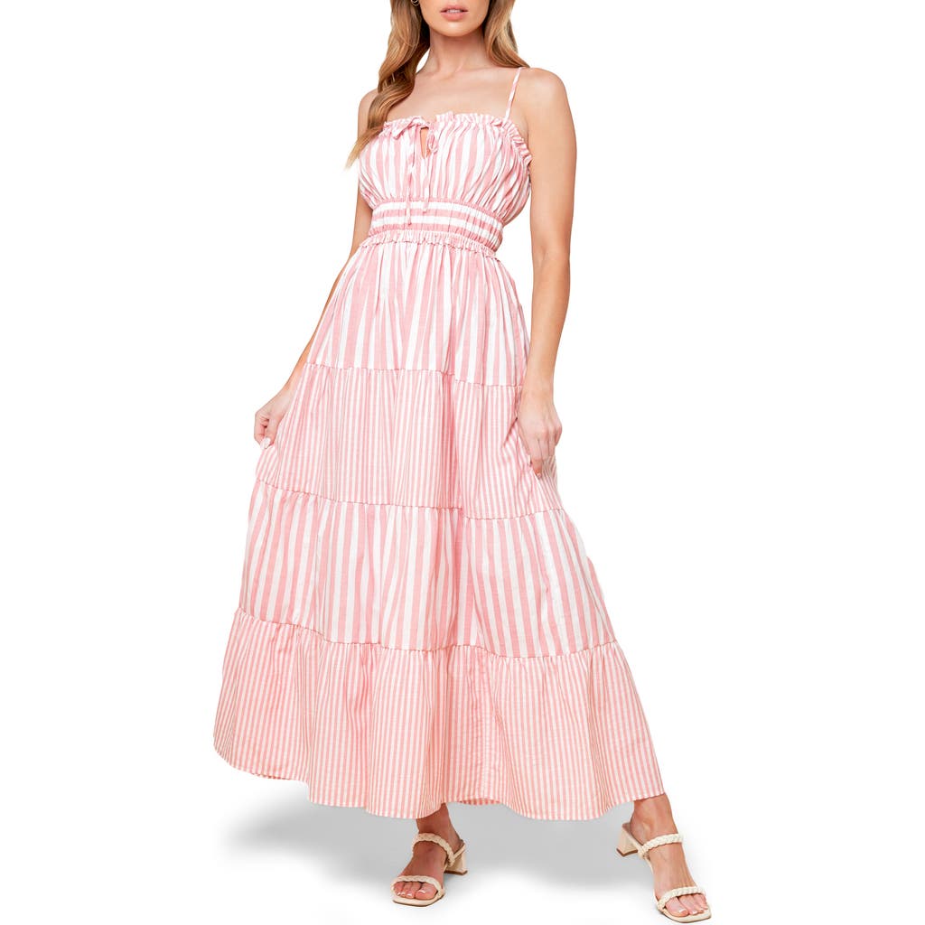 Shop Flying Tomato Stripe Tiered Cotton Blend Maxi Sundress In White/pink