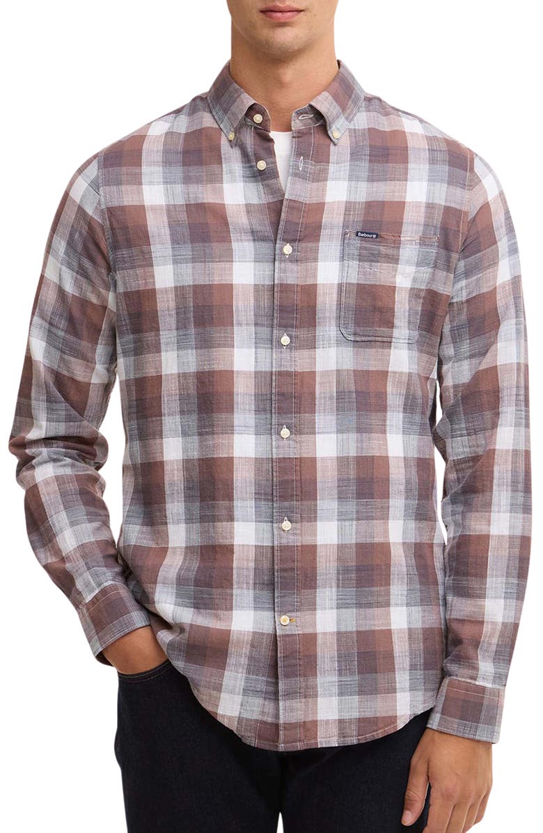 Barbour Hillroad Tailored Fit Buffalo Check Slub Cotton Button-Down Shirt, Main, color, Peppercorn