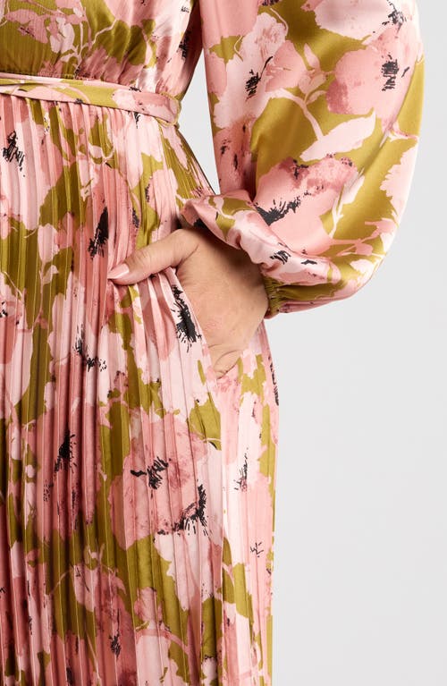Melloday Floral Pleated Long Sleeve Satin Maxi Dress In Multi