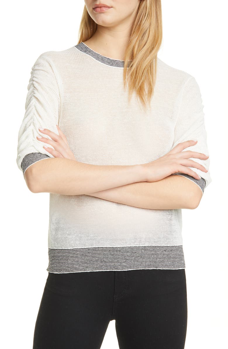 Veronica Beard Celia Ruched Sleeve Linen Blend Sweater, Main, color,