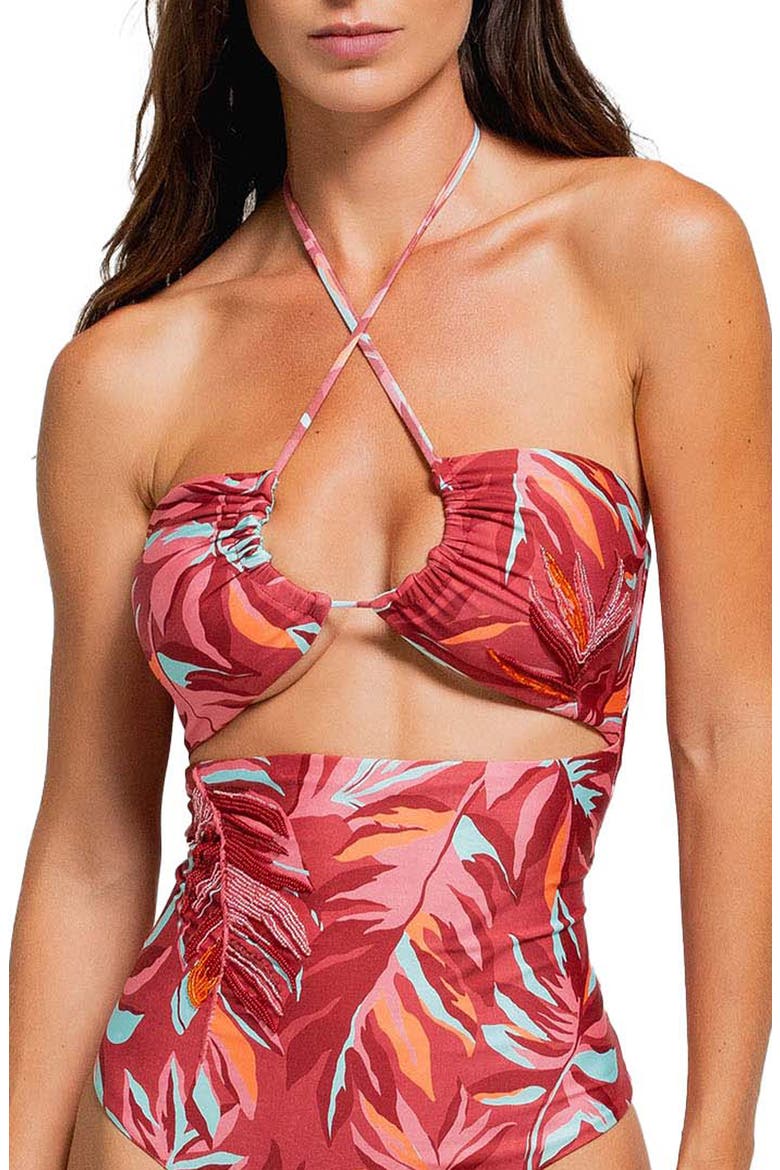 Beaded Asymmetric Cutout One-Piece Swimsuit, Main, color, PINK MULTI