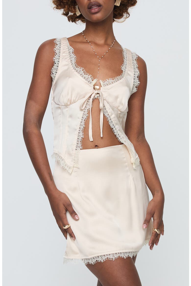 Mavie Two-Piece Lace & Satin Split Tie Top & Miniskirt, Main, color, CHAMPAGNE