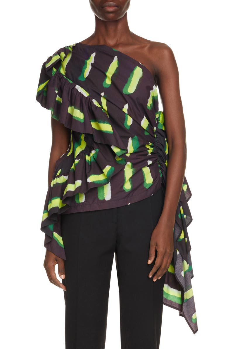 Dries Van Noten Cony Print Ruffle One-Shoulder Top, Main, color, 