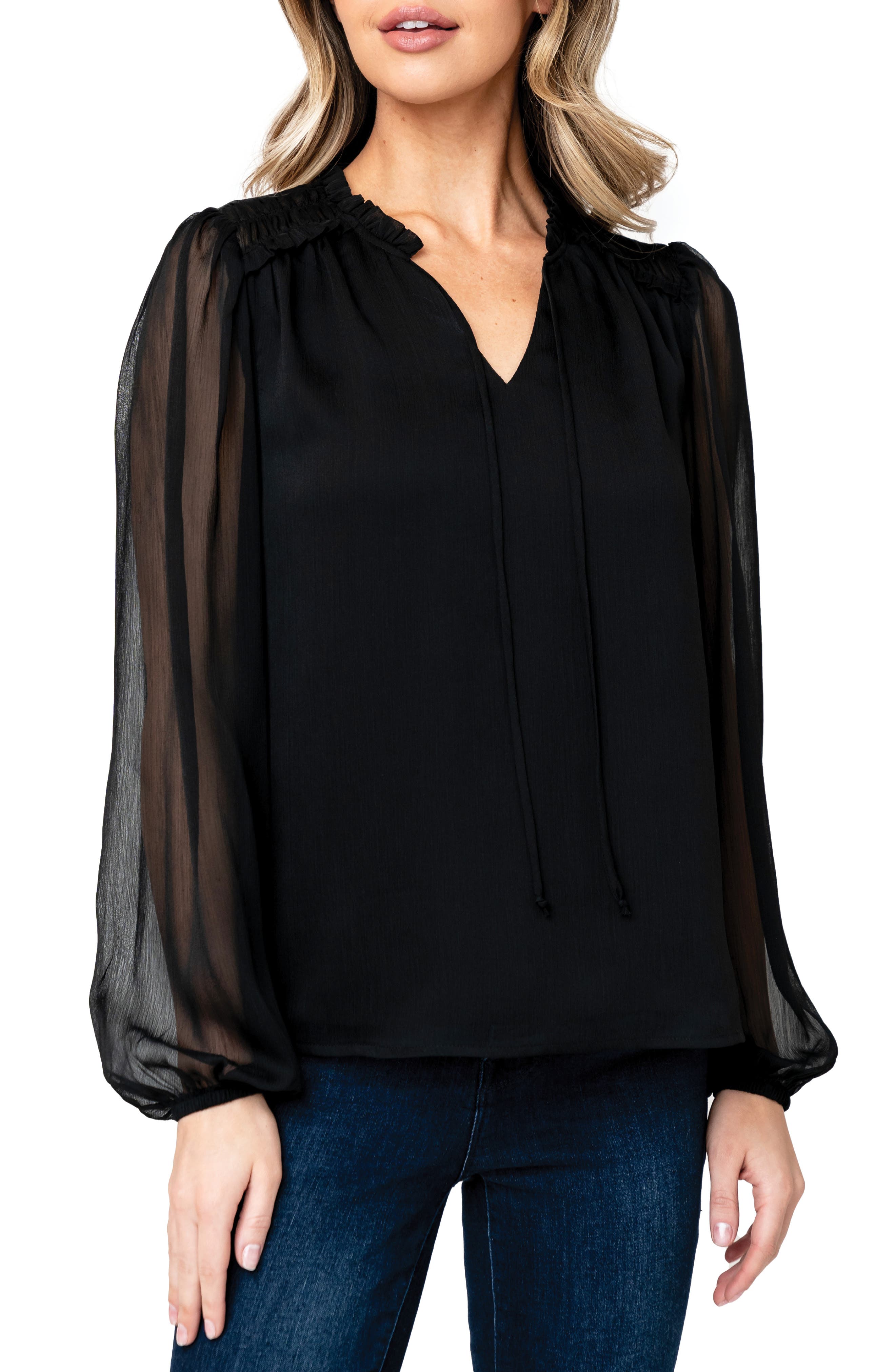 GIBSONLOOK Sheer Sleeve Split Neck Top