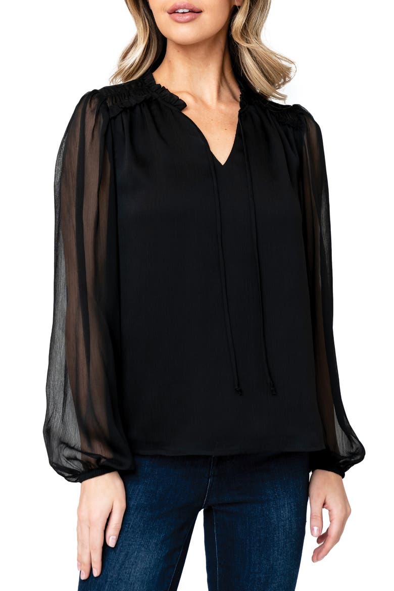 Sheer Sleeve Split Neck Top, Main, color, BLACK