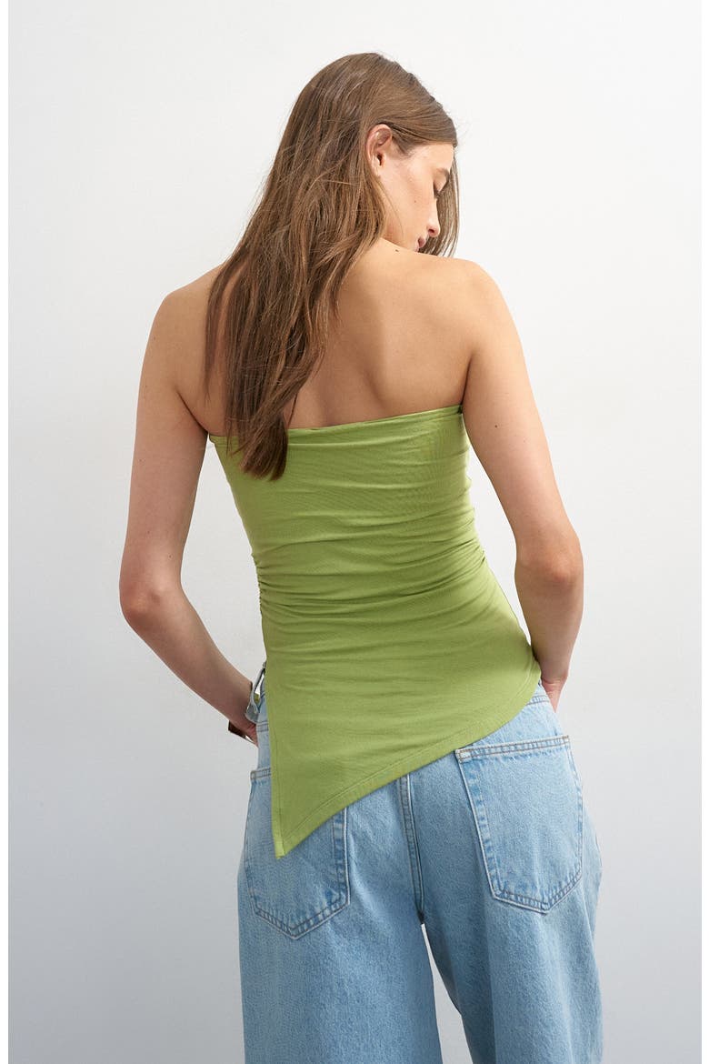 Strapless Ruched Asymmetric Hem Stretch Cotton Top, Alternate, color, MED GREEN