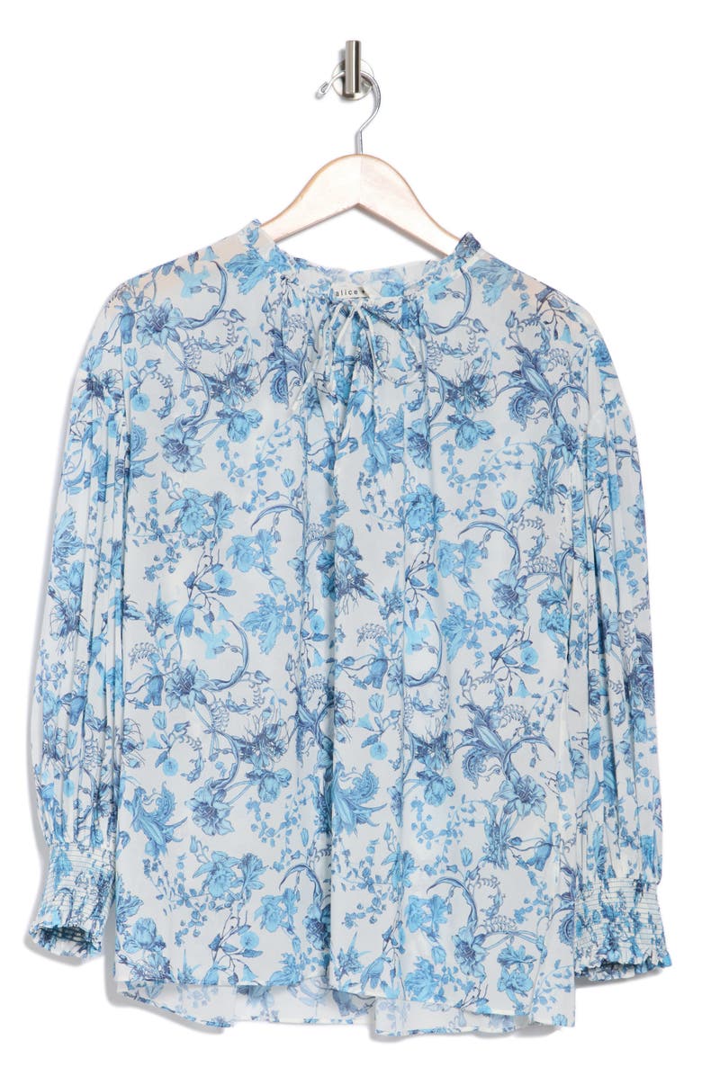 Alice + Olivia Julius Tie Neck Blouson Sleeve Stretch Silk Top, Alternate, color, Je L Ador
