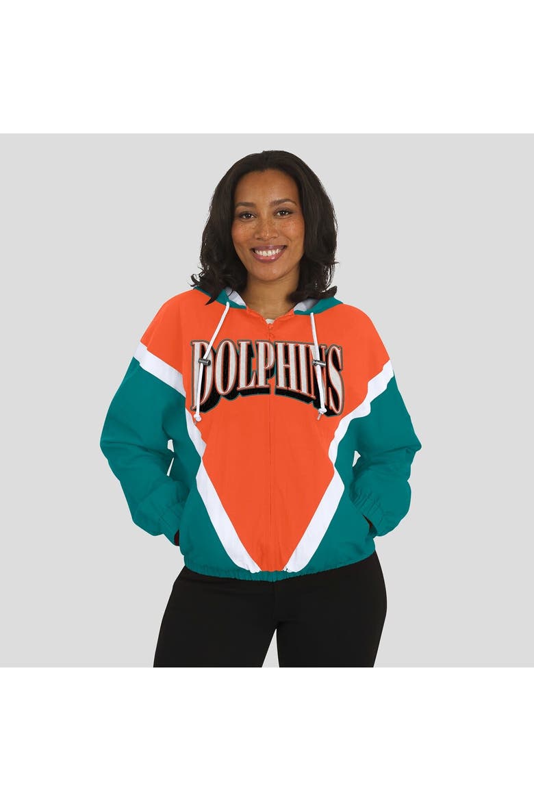 Women's WEAR by Erin Andrews Orange/Aqua Miami Dolphins Retro Crinkle Full-Zip Hoodie Windbreaker, Alternate, color, Orange
