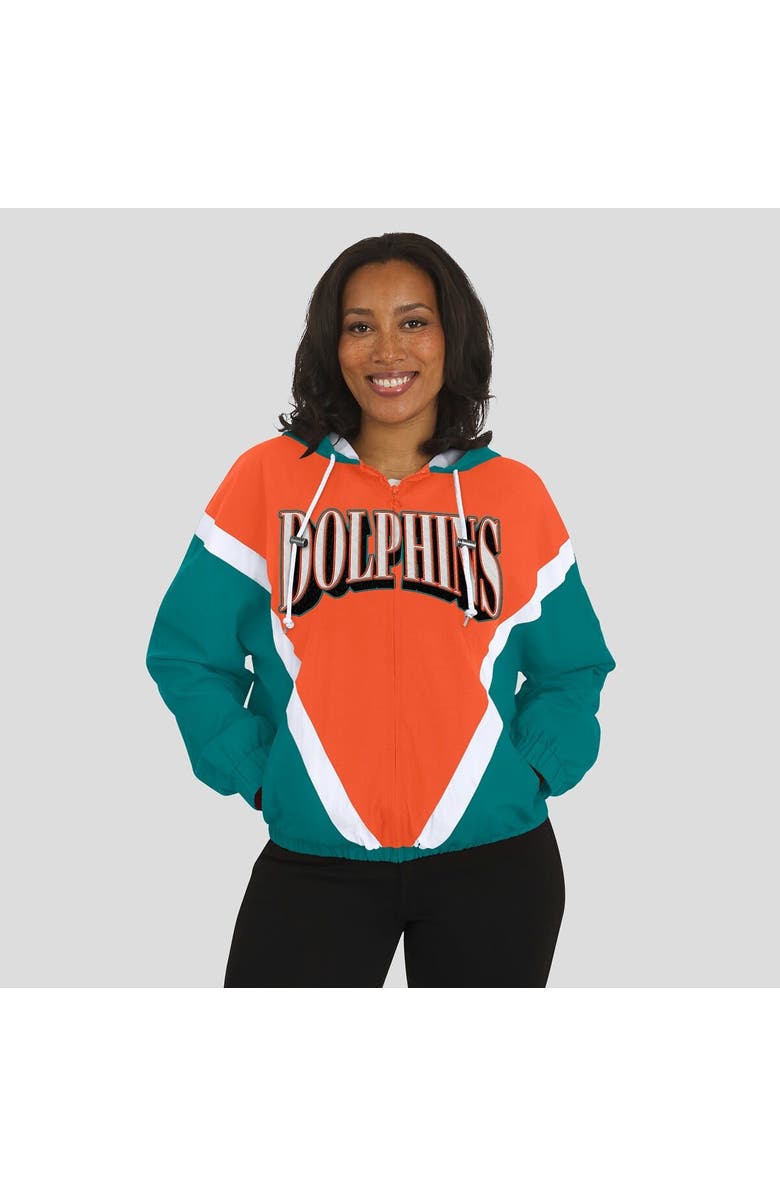 WEAR by Erin Andrews Women's WEAR by Erin Andrews Orange/Aqua Miami Dolphins Retro Crinkle Full-Zip Hoodie Windbreaker, Alternate, color, Orange