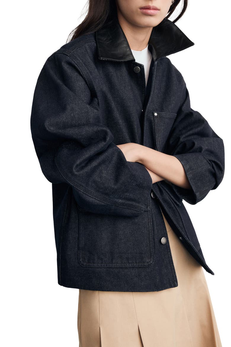 Faux Leather Collar Denim Jacket, Alternate, color, OPEN BLUE