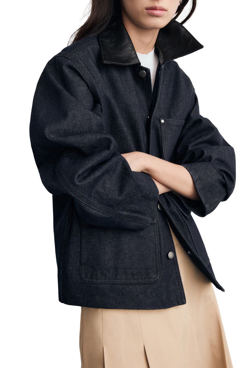 MANGO Faux Leather Collar Denim Jacket, Alternate, color, Open Blue