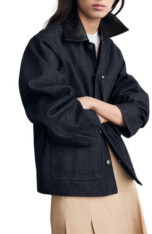 Mango Faux Leather Collar Denim Jacket In Black