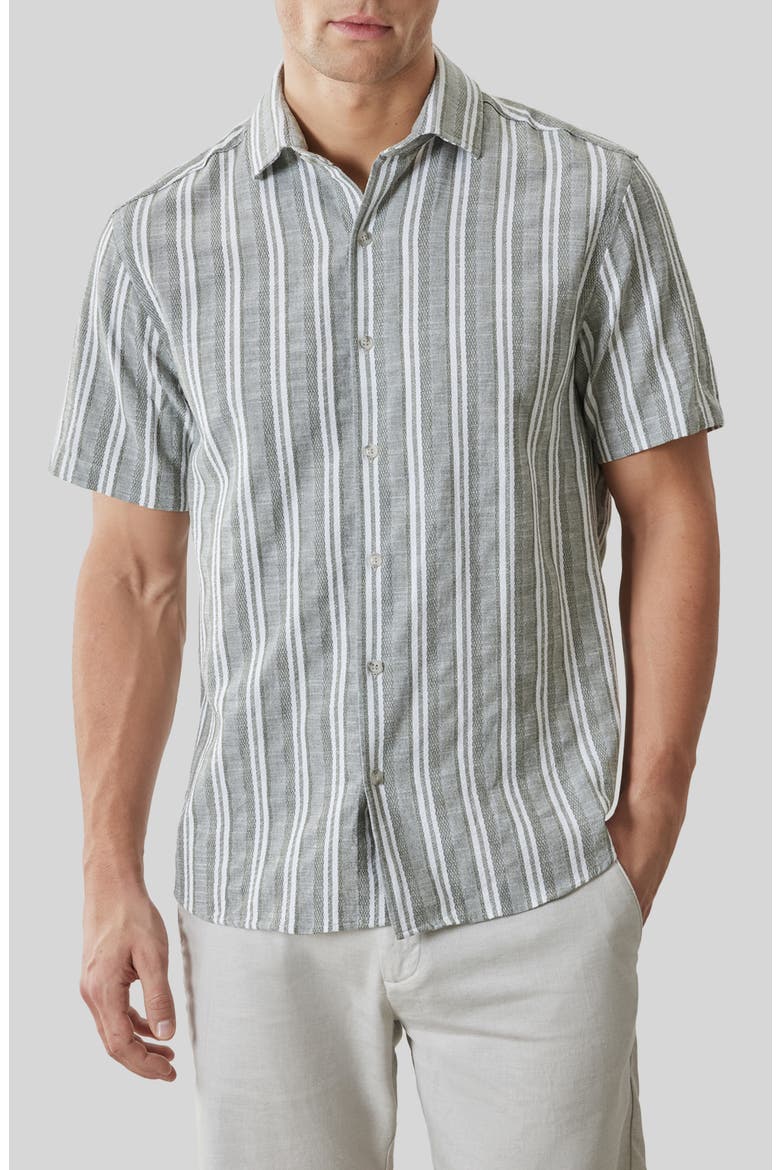 Daiki Stripe Short Sleeve Button-Up Shirt, Main, color, OLIVE DUST