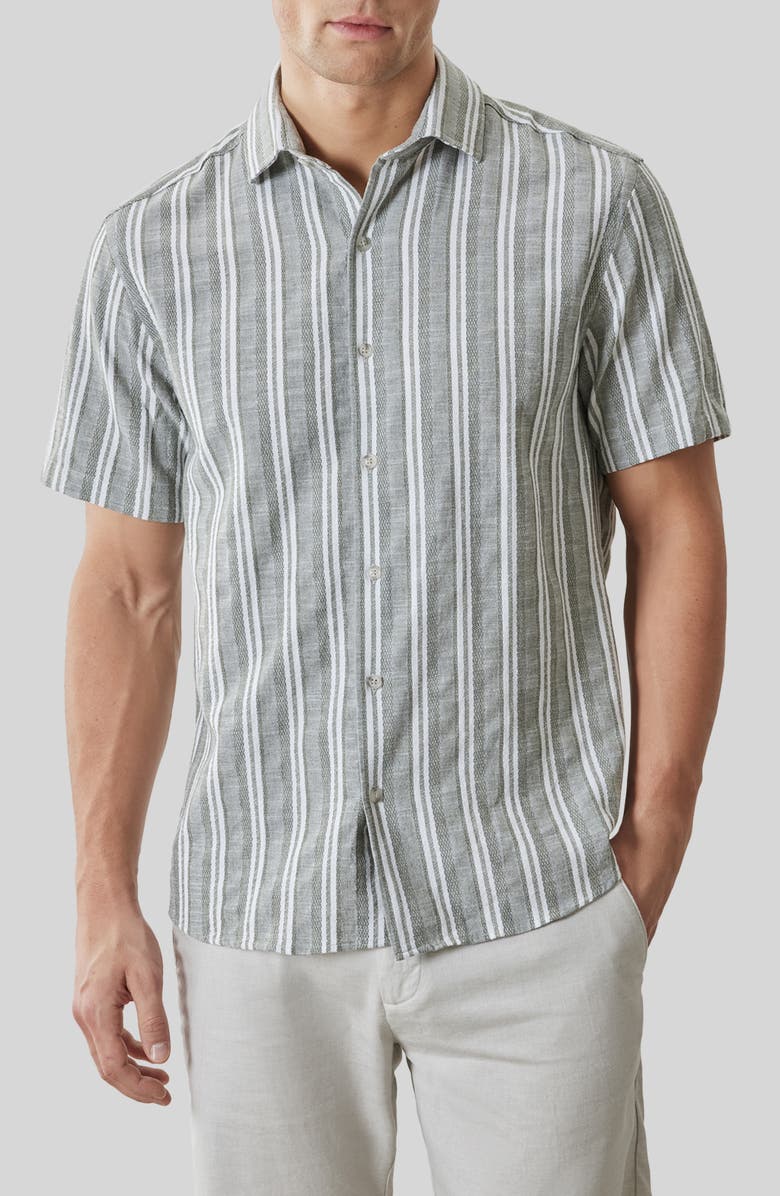 Robert Barakett Daiki Stripe Short Sleeve Button-Up Shirt, Main, color, Olive Dust