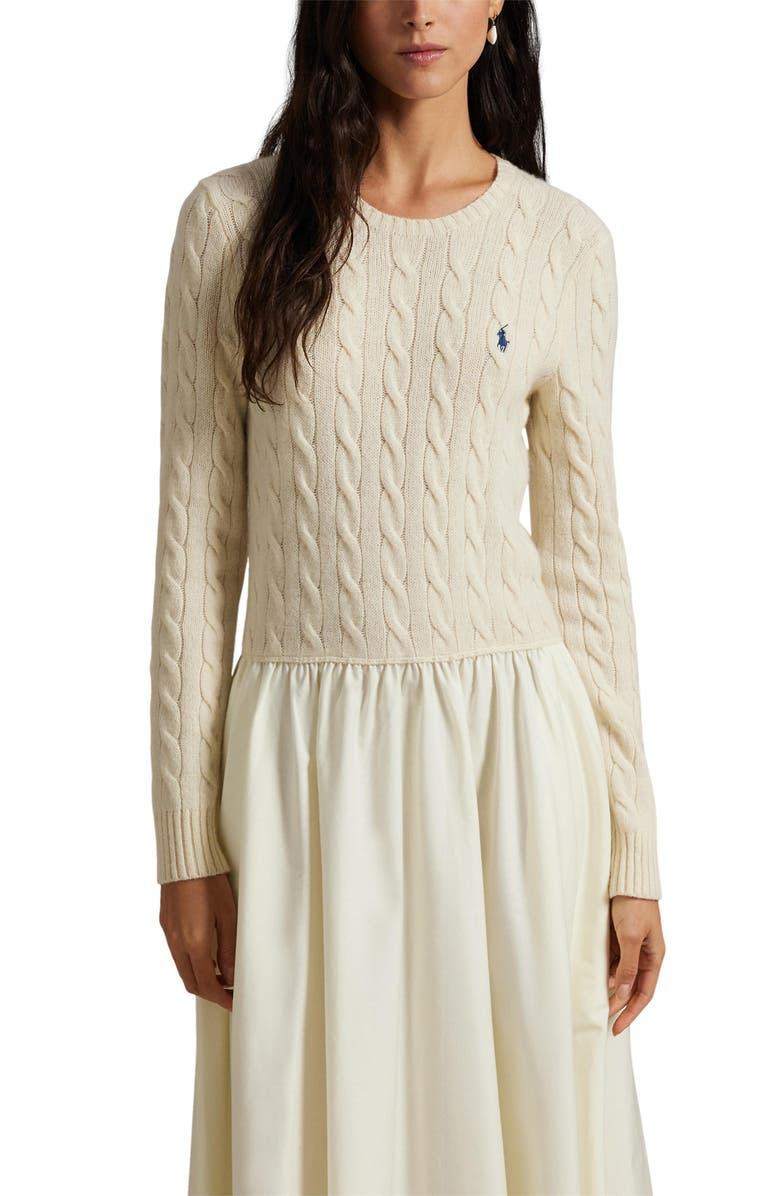 Polo Ralph Lauren Mixed Media Cable Stitch Long Sleeve Maxi Dress, Alternate, color, Authentic Cream