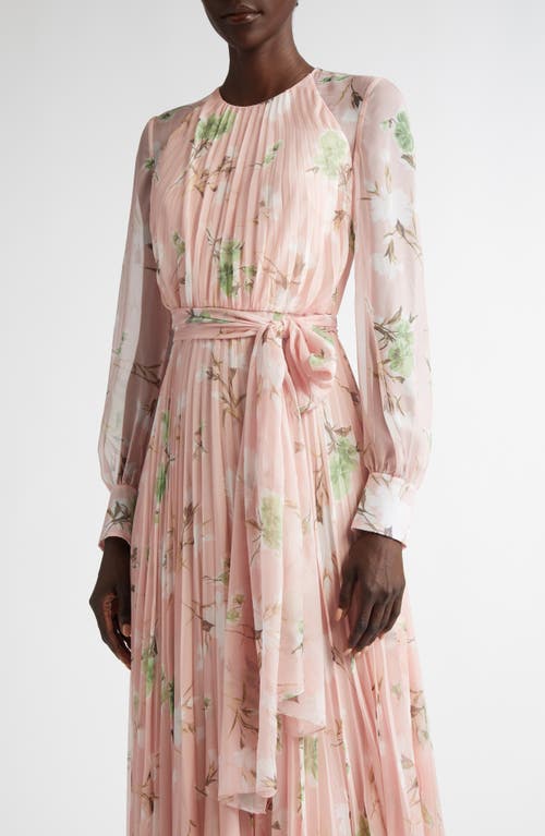 Shop Erdem Floral Pleated Long Sleeve Voile Gown In Marguerite Floral Pink