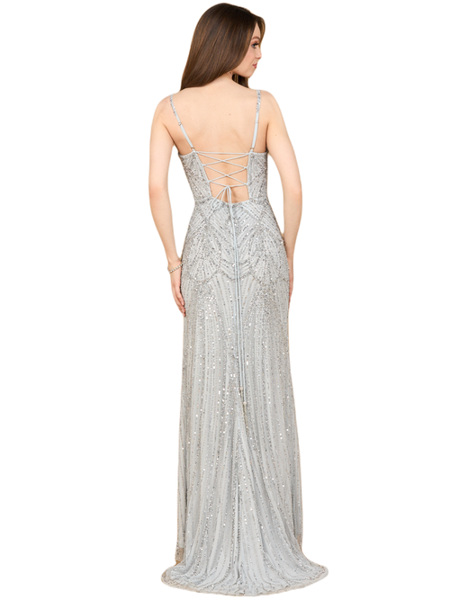 Lara New York Beaded Lace-up Dress With Slit In Silver