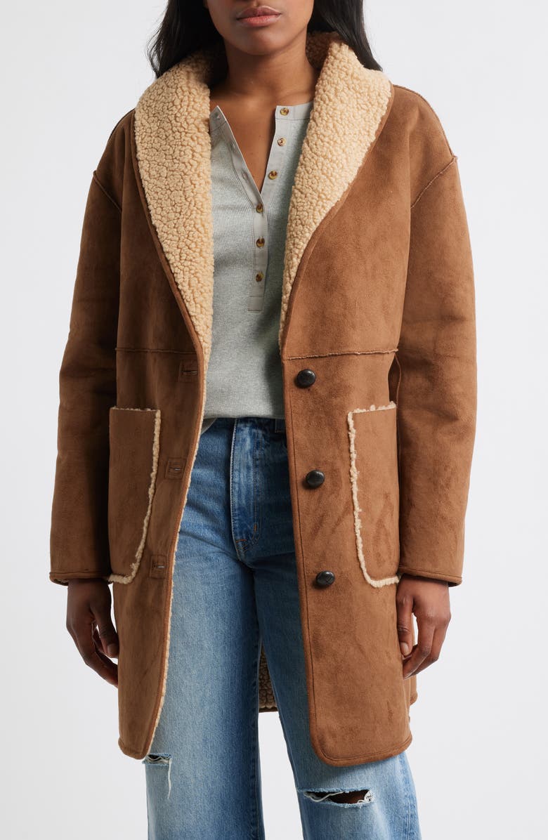 Lucky Brand Shawl Collar Faux Shearling Coat, Alternate, color, Camel-Tan