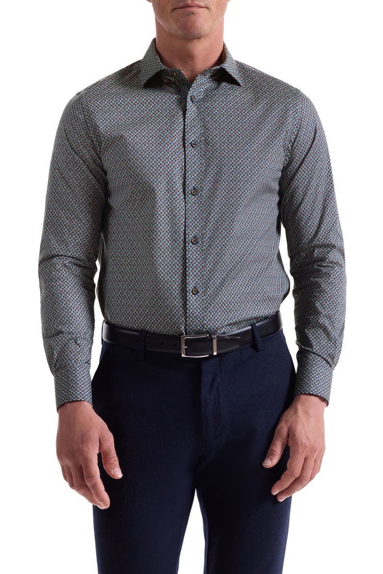 Axel Trim Fit Leaf Print Stretch Cotton Button-Up Shirt, Main, color, SIENNA