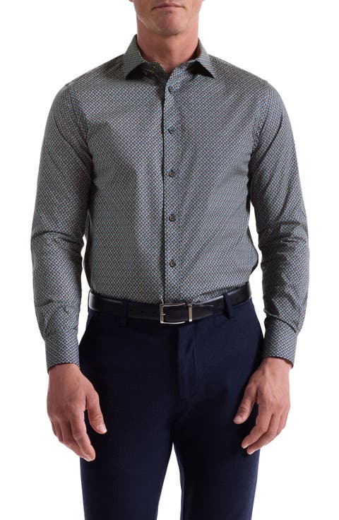 Axel Trim Fit Leaf Print Stretch Cotton Button-Up Shirt