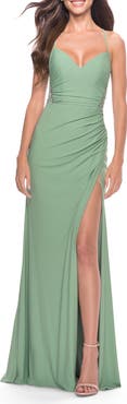 La Femme Sheer Lace Side Panel Jersey Long Dress