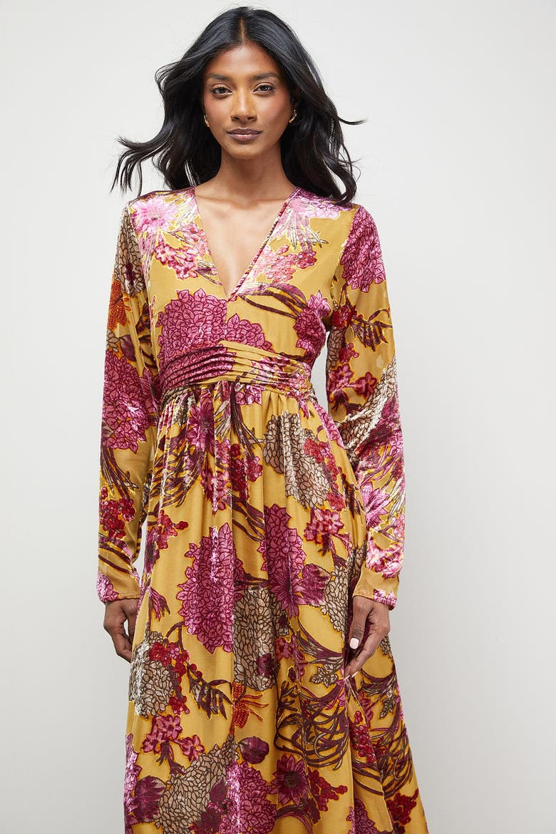 Plunge Neck Waisted Long Sleeve Dress, Alternate, color, Ochre
