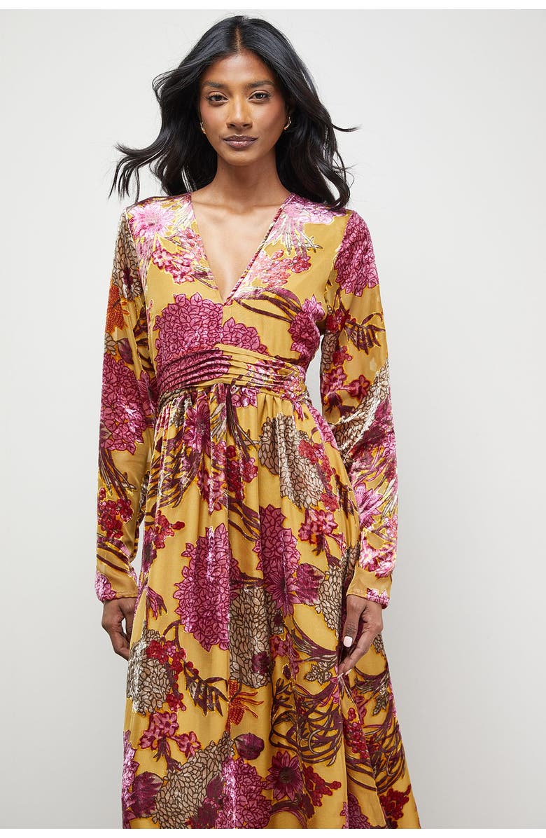 Warehouse Plunge Neck Waisted Long Sleeve Dress, Alternate, color, Ochre