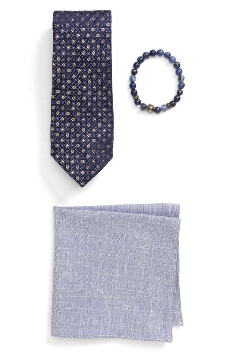 Silk Tie, Pocket Square & Stretch Bracelet Gift Set, Main, color, NAVY