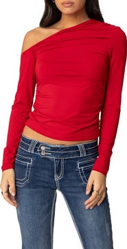 EDIKTED Ronnie Ruched One-Shoulder Long Sleeve Top